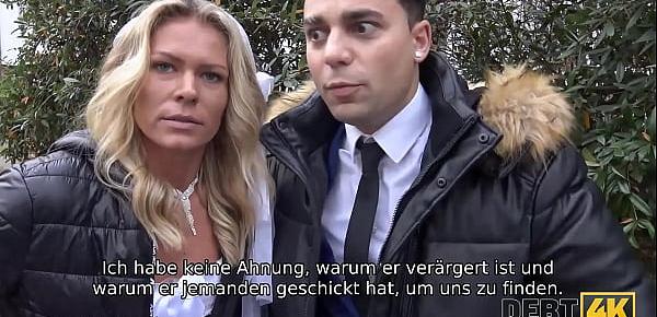 DEBT4k. Schuldeneintreiber fickt die Braut im weißen Kleid und in Strümpfen
